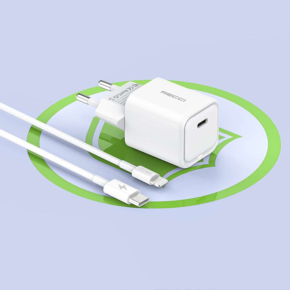 Recci RC65E Hızlı Şarj Başlığı Type-C to Lightning PD 20W Kablolu Şarj Seti Recci RC65E Hızlı Şarj Başlığı Type-C to Lightning PD 20W Kablolu Şarj Seti